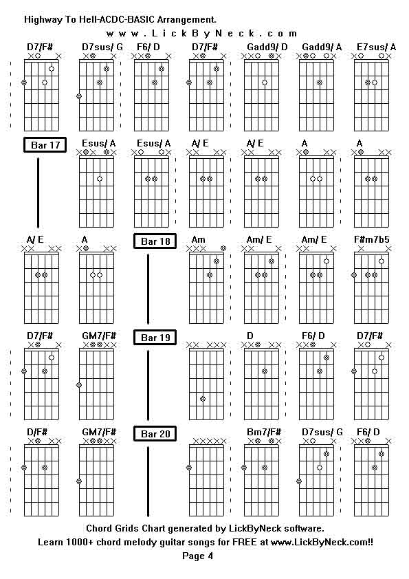 Chord Grids Chart of chord melody fingerstyle guitar song-Highway To Hell-ACDC-BASIC Arrangement,generated by LickByNeck software.